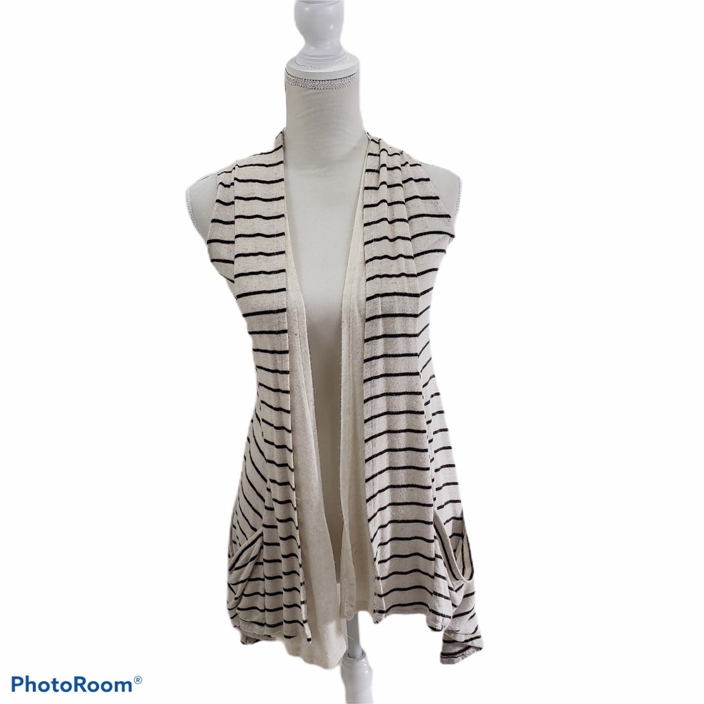Zoa Cream Brown Striped Sleeveless Cardigan - S